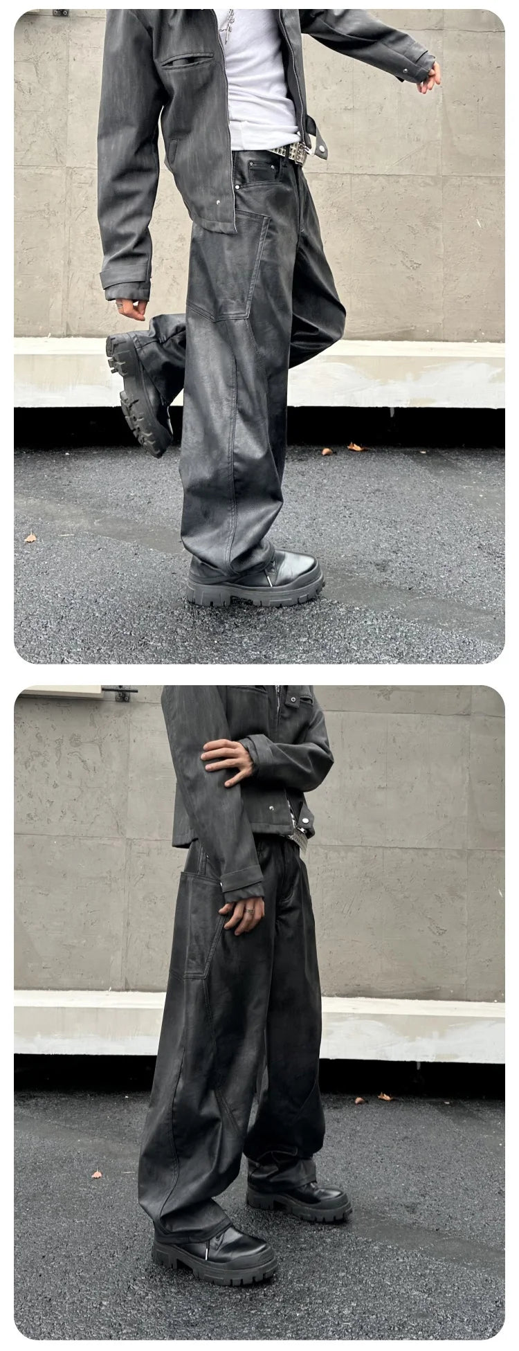 men brand fashion splice pocket loose casual wide leg leather baggy pant cityboy streetwear cargo motorcycle pants trousers unique cargo style 2566