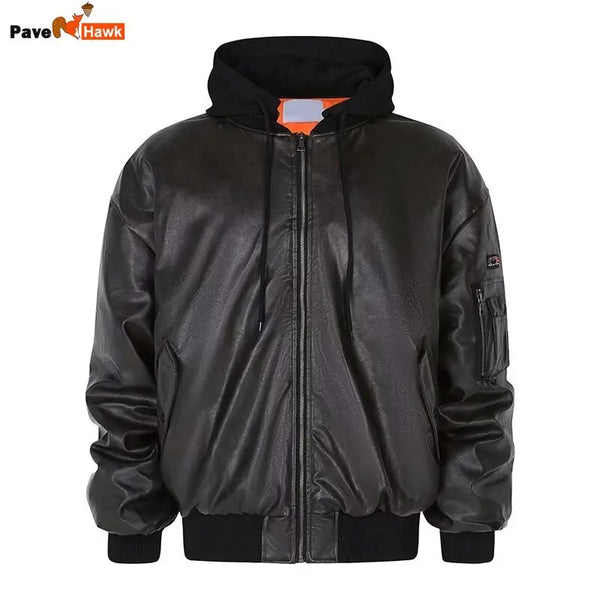 Winter American Fake Two Pieces Parkas Mens Heavy Weight Thicken Hip Hop PU Leather Cotton Jacket Trend Loose Motorcycle Coats
