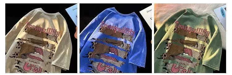Glitchcore Aesthetic piece – Pure Cotton Heavyweight T Shirt Mens Summer American Retro W