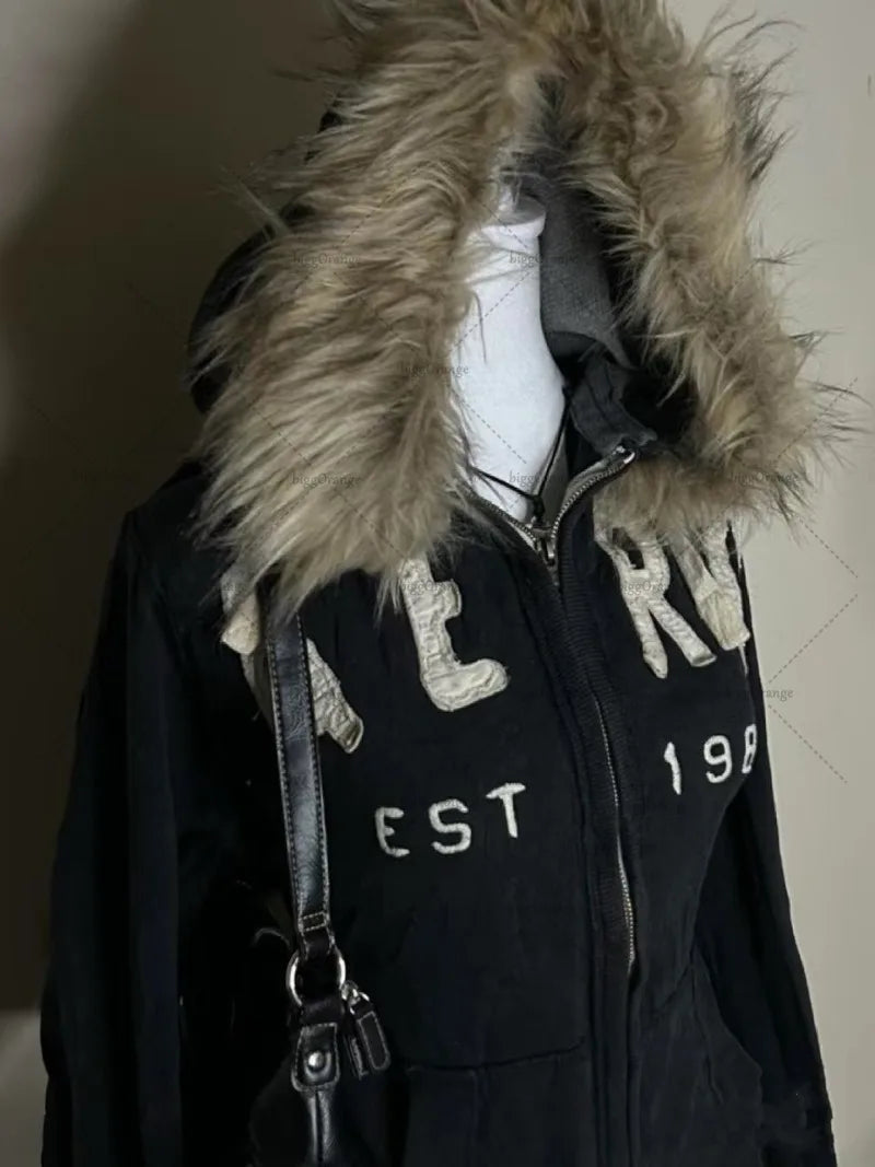 Harajuku Y2K Streetwear Jacket High Street Retro Fur Collar Zipper Hoo