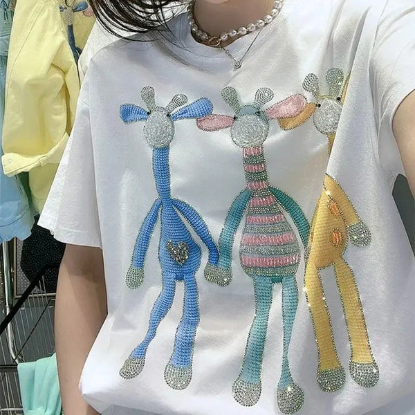 Gothic Aesthetic print tee – New Luxury Sweet Girl Giraffe Diamonds Crystals T Shirts Kor