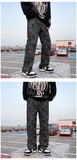 blue black plaid jeans men retro casual wide leg jeans mens streetwear loose hip hop straight denim trousers men vintage jeans unique jeans style 3935