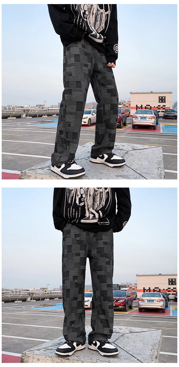 blue black plaid jeans men retro casual wide leg jeans mens streetwear loose hip hop straight denim trousers men vintage jeans unique jeans style 3935