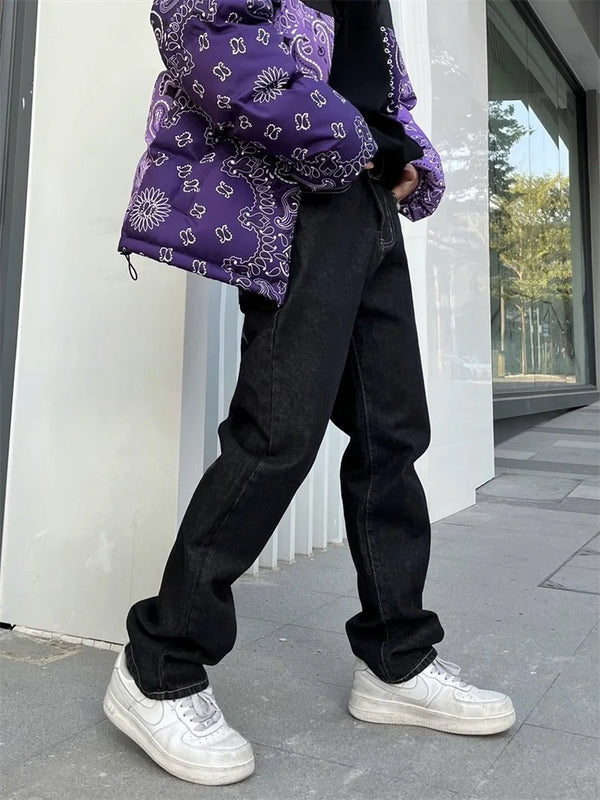 y2k retro sanskrit black jeans street casual pants punk male hip hop print loose harajuku mens straight pants ins hot sale ripped baggy denim