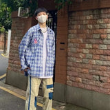 spring street fashion set mens blue plaid printed shirt color blocking trendy jeans 2 pcs set retro college suit male new unique jeans style 4681