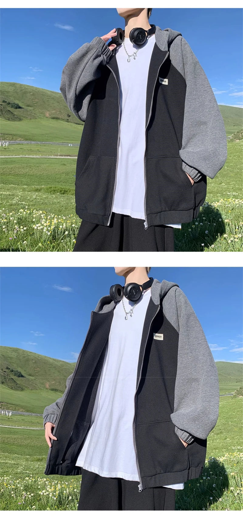 Grunge-style hoodie with distressed band logo print