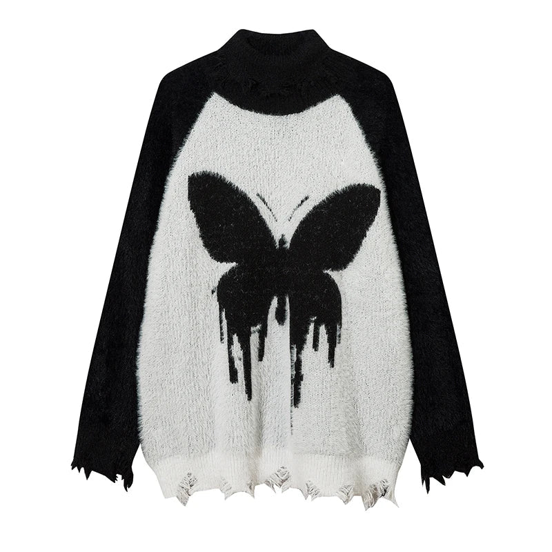 destroy ripped neck knitted sweater unisex butterfly pattern pullover long sleeve autumn winter warm sweaters streetwear jumpers - soft fleece-lined outerwear, Y2K grunge street style, graphic printed hoodie for men and women