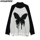 destroy ripped neck knitted sweater unisex butterfly pattern pullover long sleeve autumn winter warm sweaters streetwear jumpers - soft fleece-lined outerwear, Y2K grunge street style, graphic printed hoodie for men and women