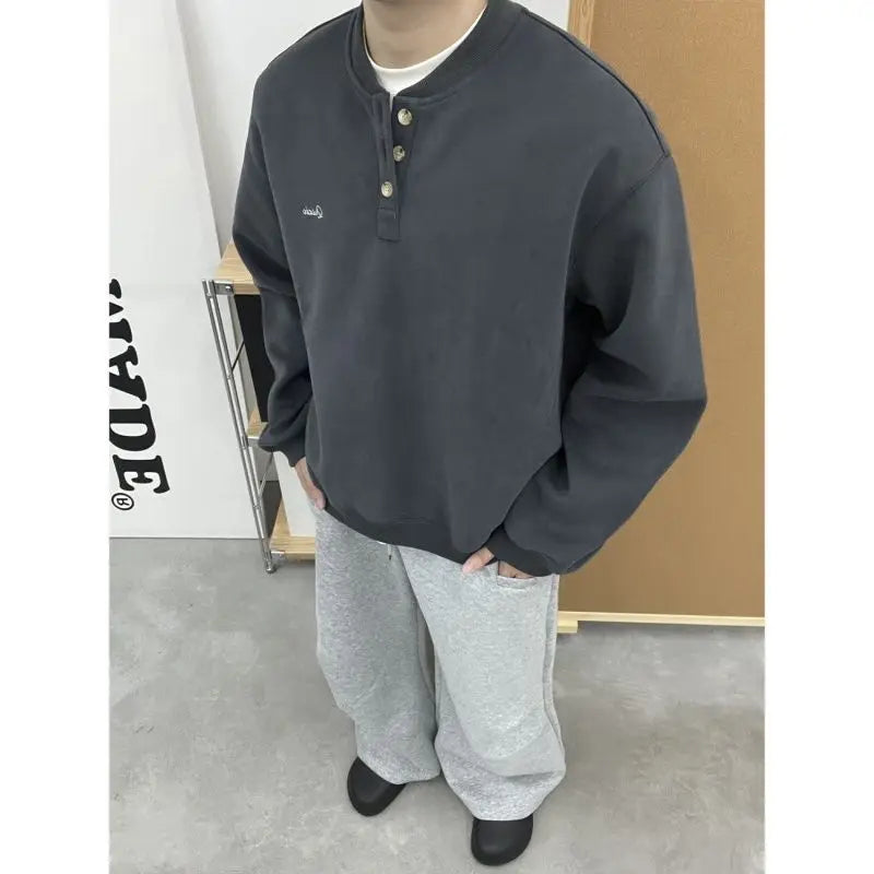 Trendy Korean Retro Ins Simple Boyish Henry Collar Sweatshirt Men and Women Street