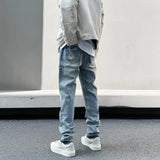 mens high street denim jean pants new casual blue slim ripped holes straight zipper jeans trousers hip hop streetwear joggers unique joggers style 760