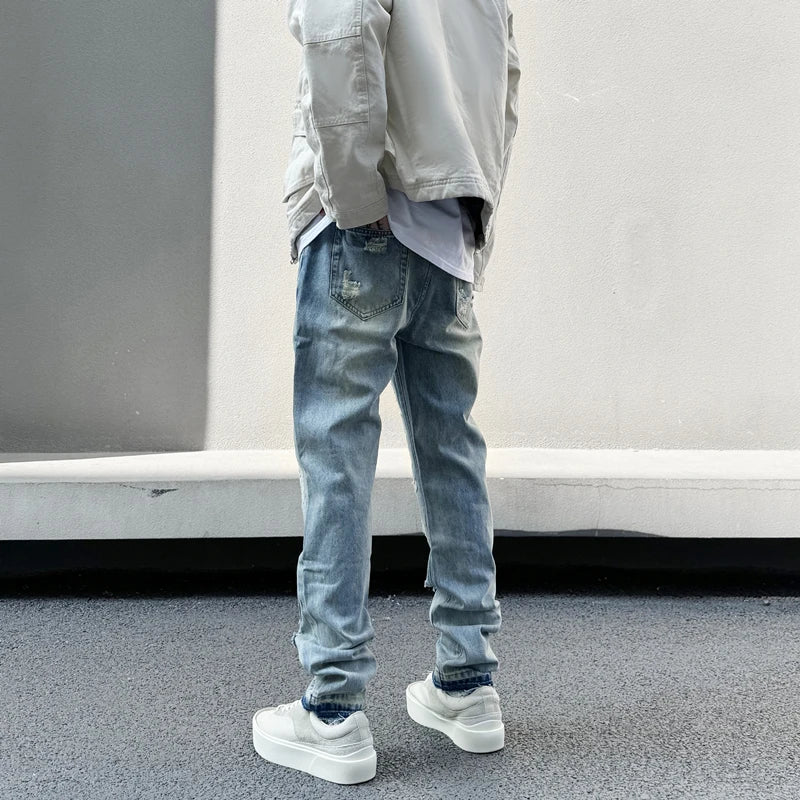 mens high street denim jean pants new casual blue slim ripped holes straight zipper jeans trousers hip hop streetwear joggers unique joggers style 760