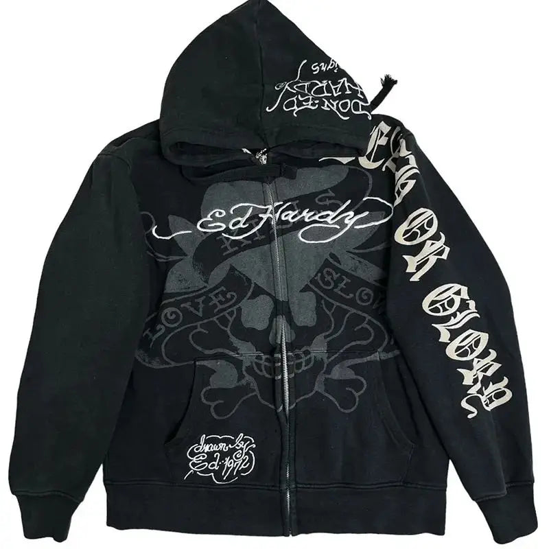 2024 European American Personalized Cartoon Printed Hooded Cardigan Trend Ins Zipper Loose Sweatshirt
