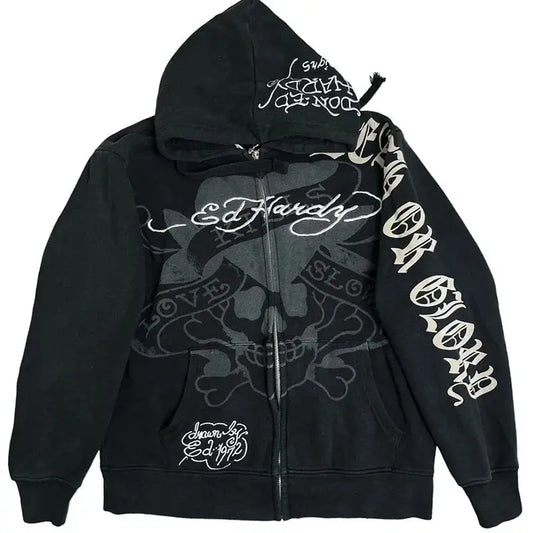 2024 European American Personalized Cartoon Printed Hooded Cardigan Trend Ins Zipper Loose Sweatshirt