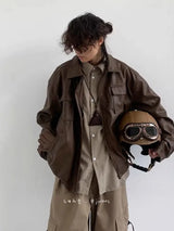 Retro Motorcycle Leather Jacket Men Woman Japanese Loose Streetwear Bomber Jackets Spring Autumn Casual PU Cargo Outwear Unisex