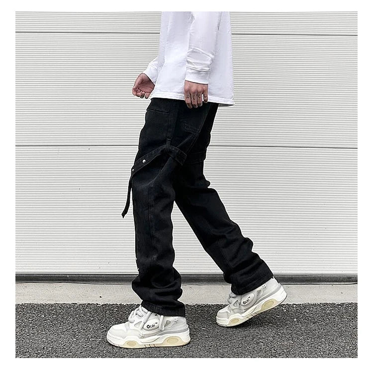 fashion knee adjust belt decoration denim jeans zipper straight jeans hip hop streetwear mens casual loose joggers jeans pants unique joggers style 2570