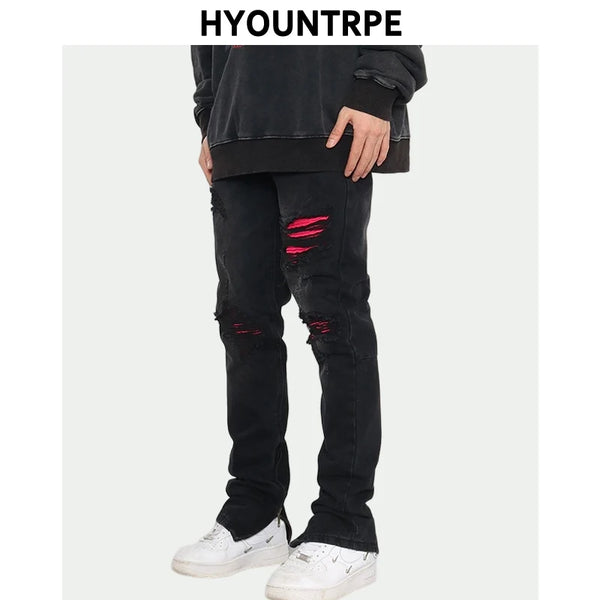 knee ripped patchwork jeans for men hip hop skinny biker taped jean trouser slim fit black denim pants fashion streetwear jogger casual joggers