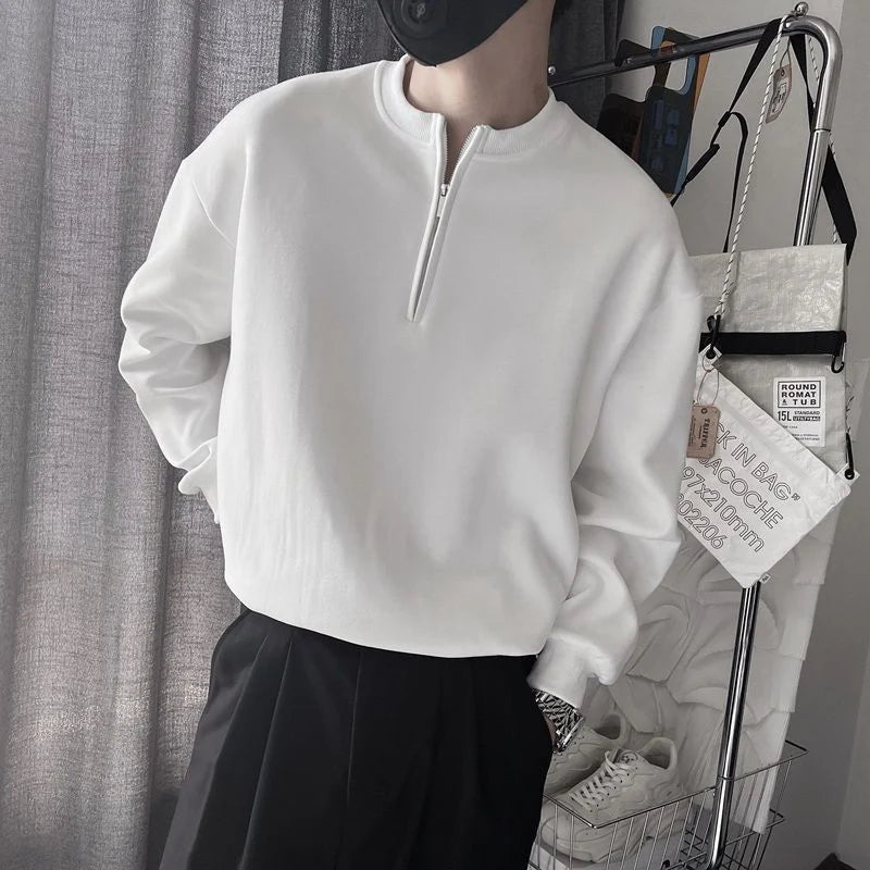 Spring Autumn Korean Casual Fashion Zipper Sweatshirt Man Business Loose All Match Male Pullover Tops Solid Streetwear Clothes