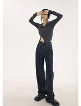 navy blue vintage jeans womans high waist summer wide leg denim trouser baggy streetwear chic design ladies straight jean pants unique jeans style 2873