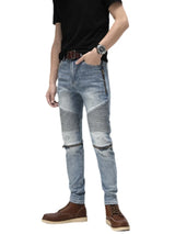 knee zipper patchwork pleated skinny denim jeans men casual slim biker trousers jeans fashion streetwear hip hop pants joggers streetwear sweatpants