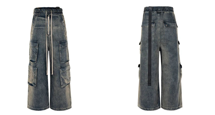 fashion denim baggy cargo jean pants men hip hop elastic waist wide legs retro washed jeans side pocket streetwear jeans joggers unique joggers style 4490