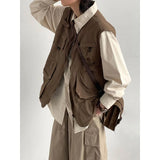 japanese street mens 3 piece set multi pocket camping vest solid cargo shirt side pockets casual pants suit couple trend set military streetwear pants