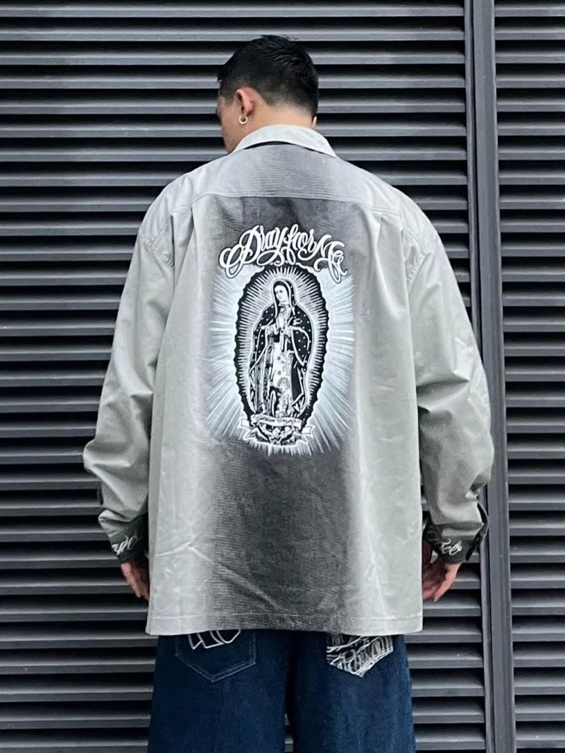 Hip Hop Streetwear Shirts Harajuku Retro Printed New Casual Long Sleeve Single Breasted Shirts for Men Loose Tops Cargo Shirt