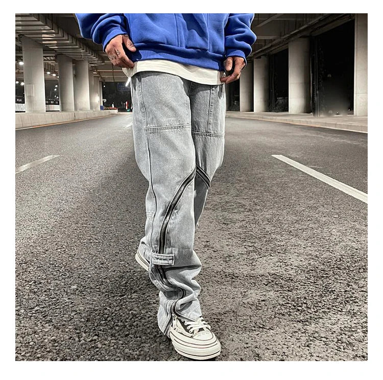 fashion denim straight pants hip hop jeans with zipper streetwear trousers new summer casual joggers men designer jeans for men unique joggers style 1156