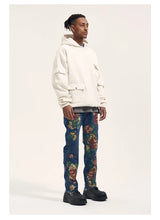 graffiti floral printed denim jean mens new casual zipper biker jeans fashion high street slim fit pants joggers hip hop jeans unique joggers style 1569