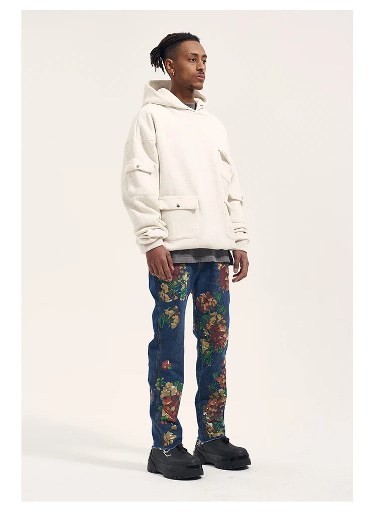 graffiti floral printed denim jean mens new casual zipper biker jeans fashion high street slim fit pants joggers hip hop jeans unique joggers style 1569