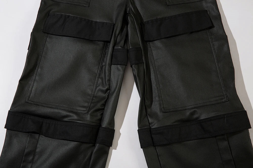 high street striped pu leather cargo pants mens harajuku straight ropa hombre loose overalls oversized casual trousers military streetwear pants