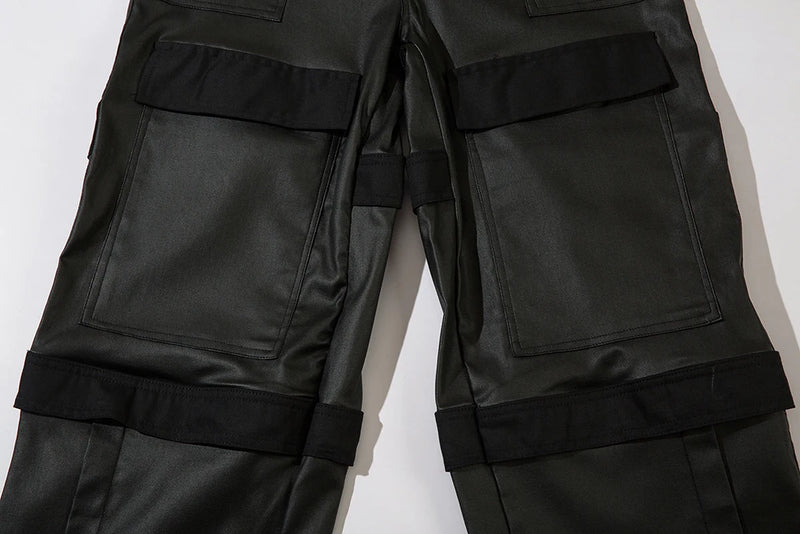 high street striped pu leather cargo pants mens harajuku straight ropa hombre loose overalls oversized casual trousers military streetwear pants