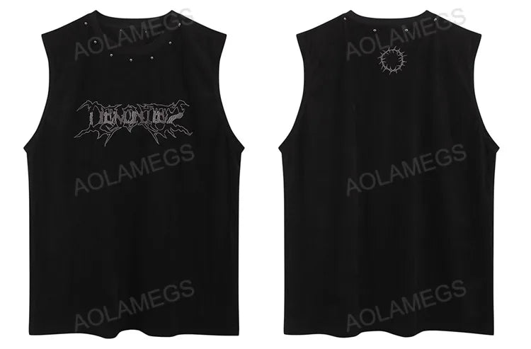 Glitchcore Broken heart – Vintage Mens Y2K Vest Letter Washed Tank Tops Summer High St