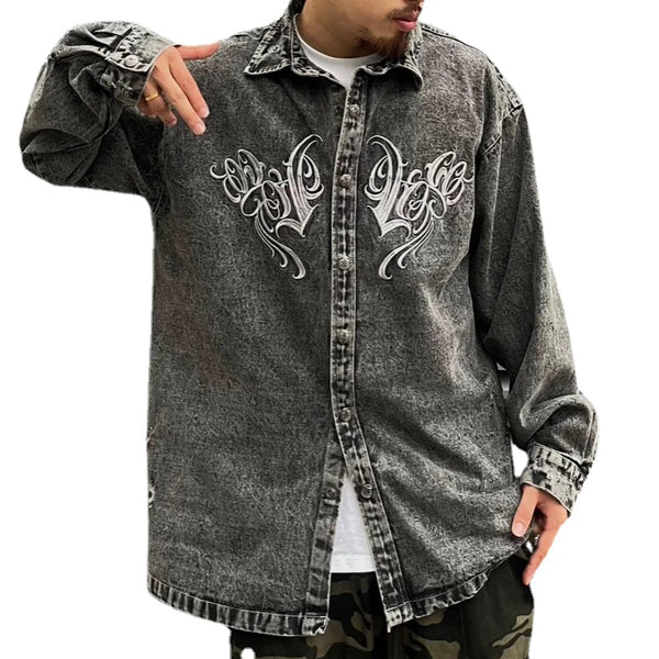 Hip Hop Denim Jeans Shirt Harajuku Retro Washed Letter Embroidery Long Sleeve Shirts for Men High Street Casual Loose Tops Shirt