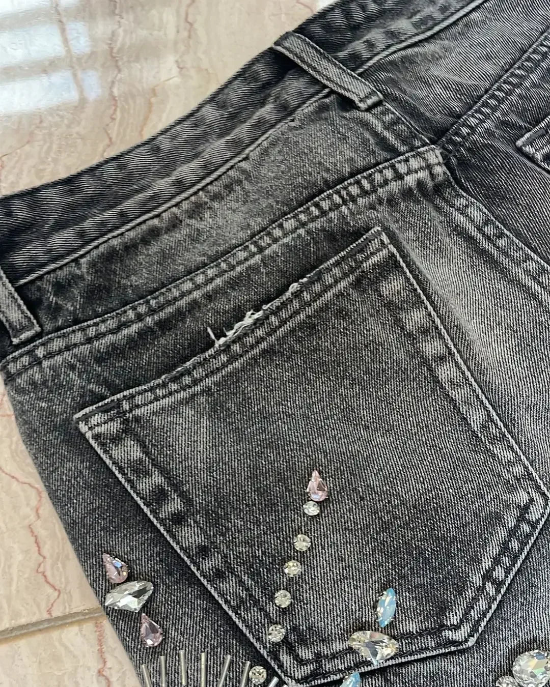 Denim Gym Shorts Men Women Y2K Hip Hop Retro Rhinestones Streetwear Shorts Gothic Baggy Jeans High Waist Basketball Shorts