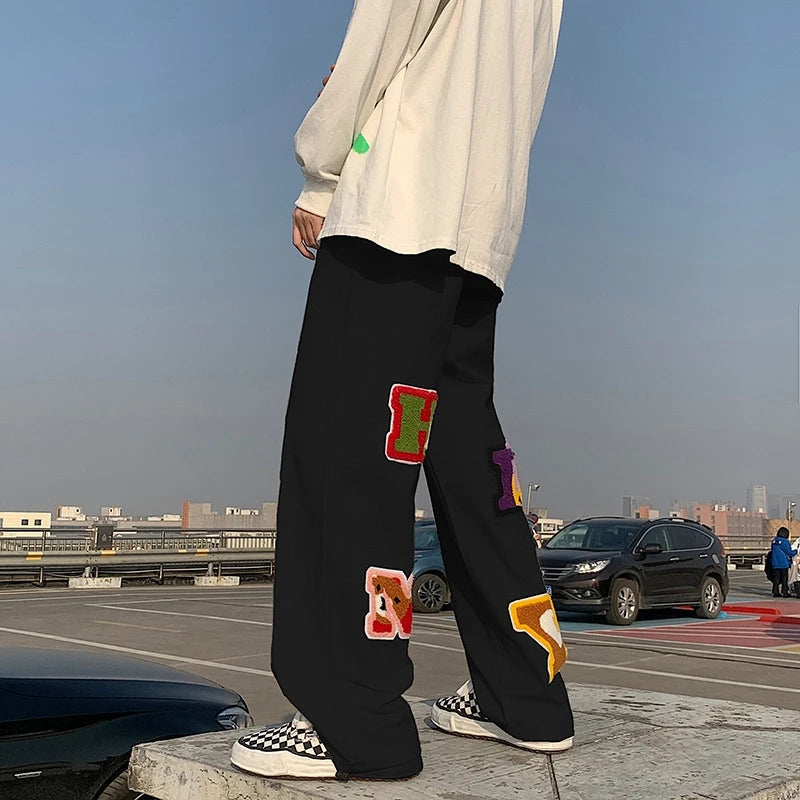 preppy style letter embroidery straight men baggy tracksuit pants y2k clothes sweatpants male drawstring casual long trousers unique joggers style 1061