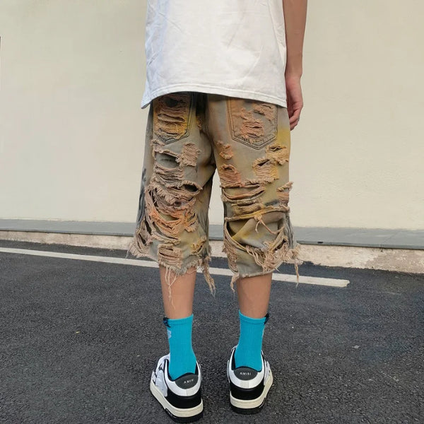 destroy ripped big holes spliced denim jeans shorts hip hop loose short pant harajuku half baggy jeans mens summer casual shorts denim street jeans