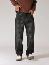 men streetwear fashion hip hop loose casual print black plaid denim pant jeans man vibe straight cowboy baggy jeans trousers unique jeans style 1563