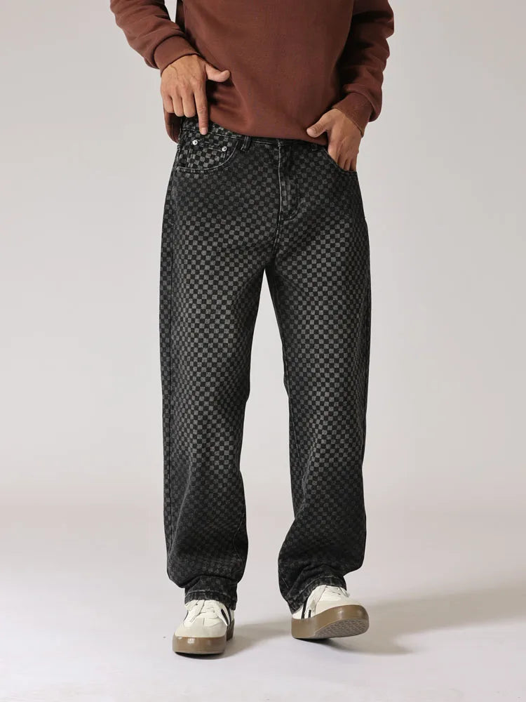 men streetwear fashion hip hop loose casual print black plaid denim pant jeans man vibe straight cowboy baggy jeans trousers unique jeans style 1563