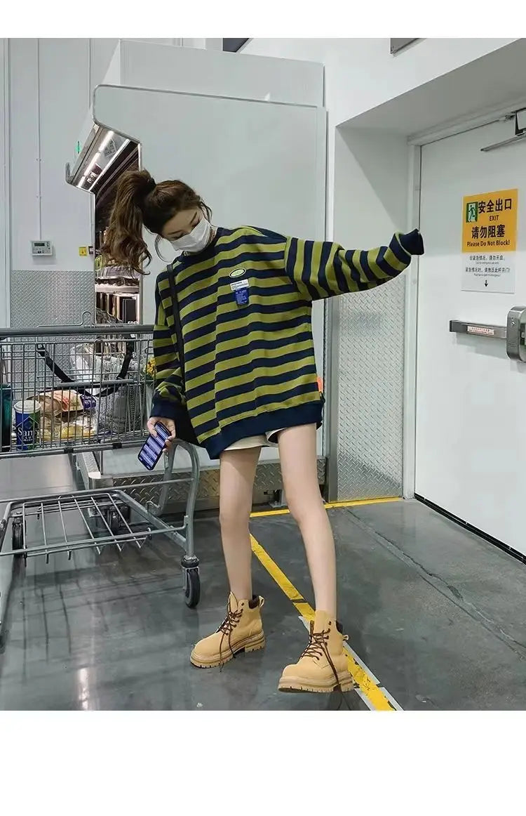 Original Korean New Style Loose Striped Sweatshirt American Harajuku C