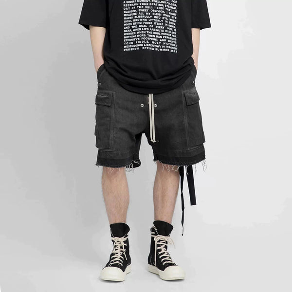 Men's and Women's High Street Vintage Splicing Cat Whisker Cargo Denim Shorts Zip Up Raw Edges Pockets Mens Jeans Shorts Ribbon
