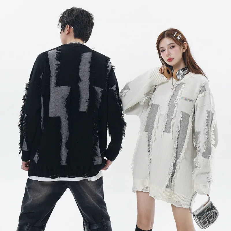 hip hop knitted oversized sweater mens ripped tassel holes pullover streetwear unisex new casual loose sweaters jumpers knitwear - 2025 streetwear drop, graphic printed hoodie for men and women, trendy hip hop fashion hoodie