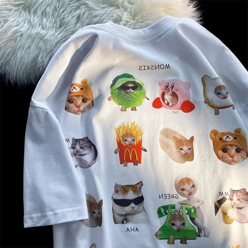 Y2K Graphic Tee – Korean Brand Cute Cats Sticker Printed T Shirts Short Sleeve – Modern Streetwear for Everyone