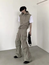 summer sleeveless set men women multi pocket hooded vest jogging cargo pant spring loose casual zipper two piece suit street unique cargo style 449