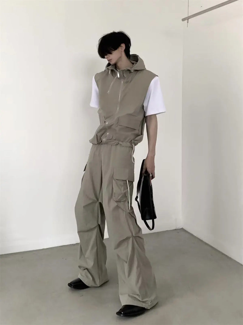 summer sleeveless set men women multi pocket hooded vest jogging cargo pant spring loose casual zipper two piece suit street unique cargo style 449