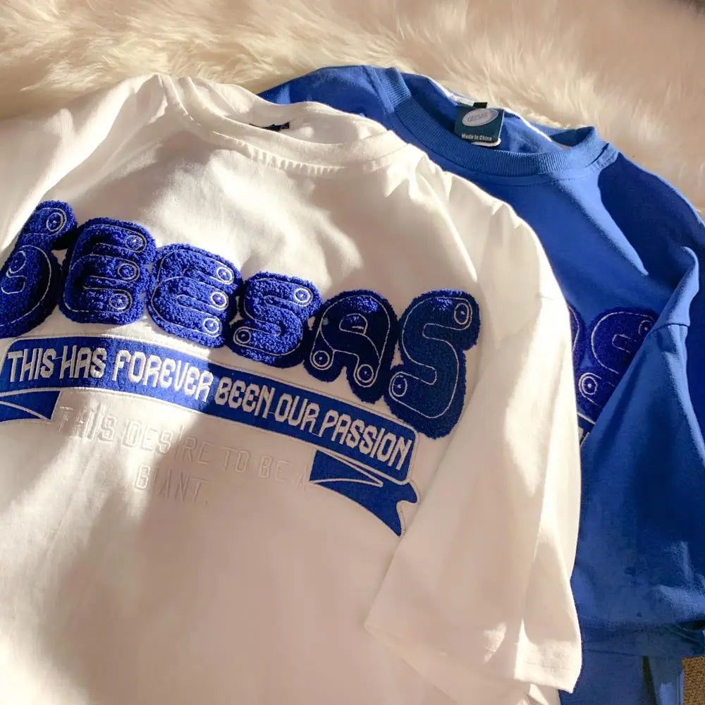 Harajuku Oversized Shirt – Retro Klein Blue Flocking Embroidery T Shirts Fashion Preppy – Modern Streetwear for Everyone