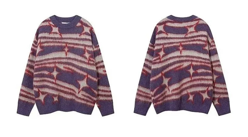 japanese hip hop sweater set men contrast zebra pattern round neck knit top splicing distressed loose jeans 2 pcs harajuku suit unique jeans style 4533