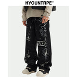 fashion graffiti printed denim jeans men unisex casual zipper wide legs straight jeans streetwear hip hop baggy pants joggers streetwear sweatpants
