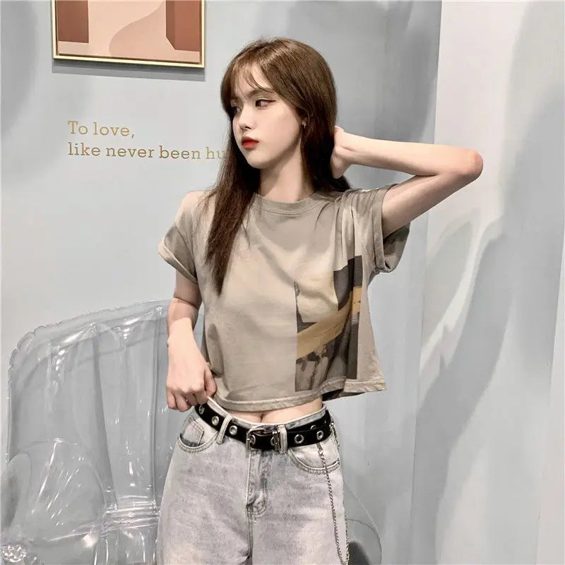 Skatercore Vintage print – New Summer New Pure Cotton Discreet Navel Baring Short Sleev