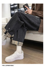 2024 new plaid trouser legs jeans for men casual baggy straight denim pants korean fashion y2k streetwear pantalones hombre jean unique jeans style 3567