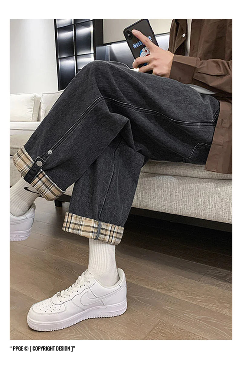 2024 new plaid trouser legs jeans for men casual baggy straight denim pants korean fashion y2k streetwear pantalones hombre jean unique jeans style 3567